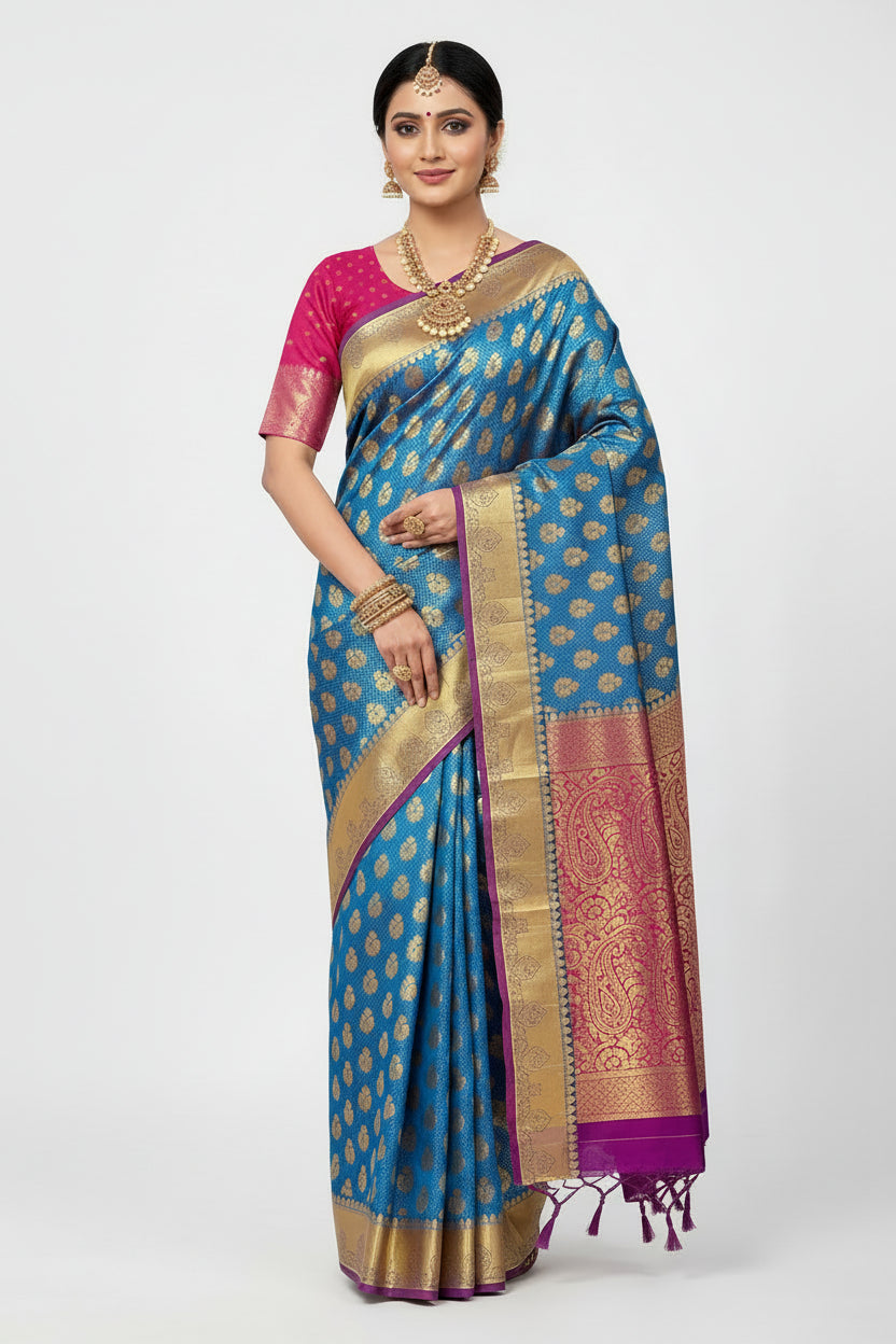 Vegan Silk Saree Sky Blue Colour with Magenta and Copper Border