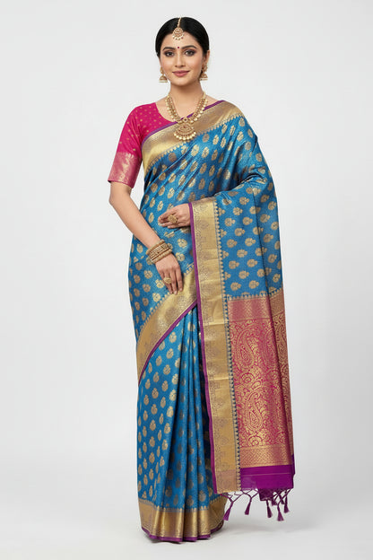 Vegan Silk Saree Sky Blue Colour with Magenta and Copper Border