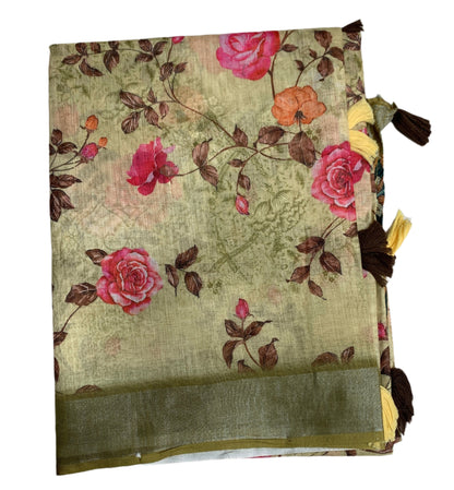 Jute Cotton Saree Light Olive Green Shade with Thread Border