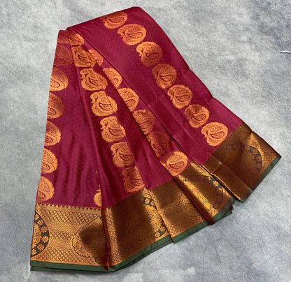 Vegan Silk Saree Maroon Colour Saree with Copper Border