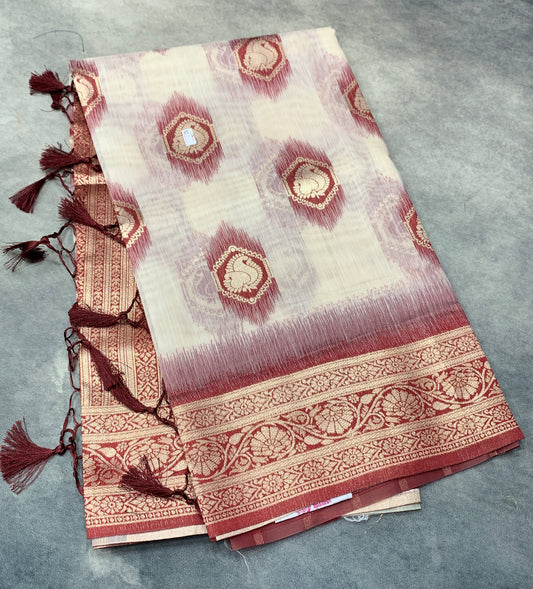 Banaras Katan Saree Off White Colour with Maroon Katan Work Border