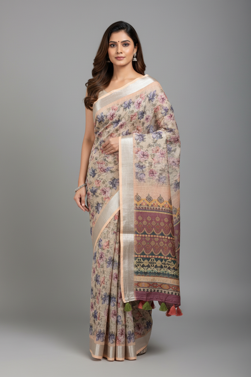 Jute Cotton Saree Light Peach Shade with Thread Border