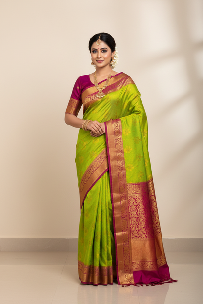 Art Silk Saree Apple Green Shade with Pink Border