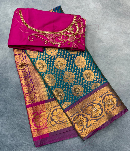 Bridal Vegan Silk Saree Peacock Blue shade with Purple Border with Unstitched blouse in Aari Work