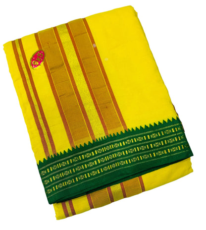 9X5 Cotton Dhoti Yellow Colour with Green and Red Border