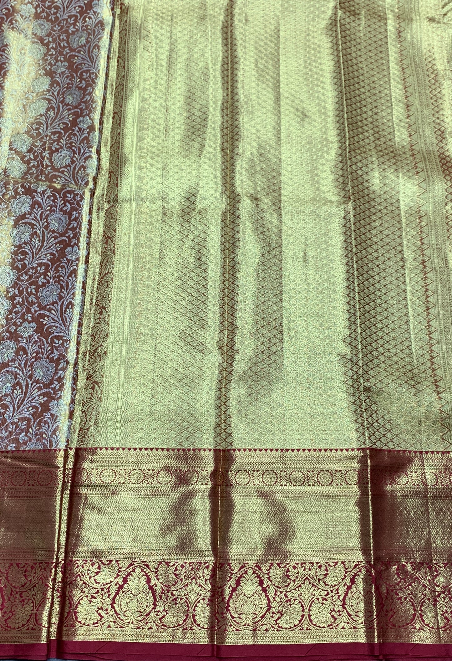 Golden and Sliver Shade Soft Kanchi Tissue Pattu Saree with Large Maroon Border