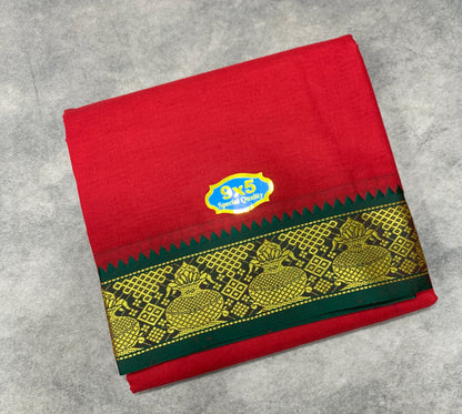 9X5 Cotton Dhoti Red Colour with Green and Blue Border