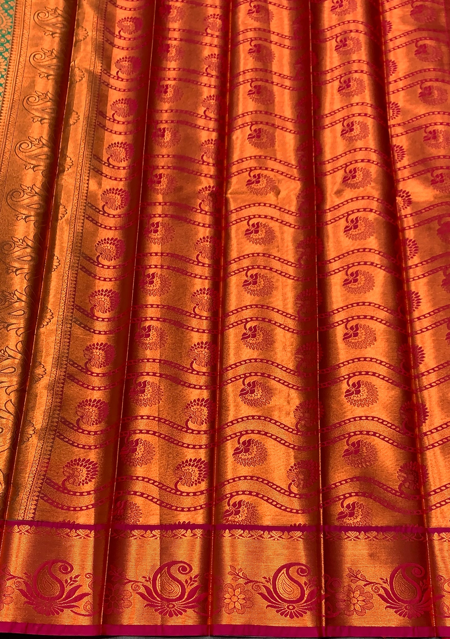 Vegan Silk Saree Light Green Colour with Pink and Copper Border