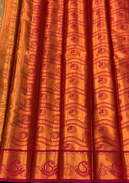 Vegan Silk Saree Light Green Colour with Pink and Copper Border