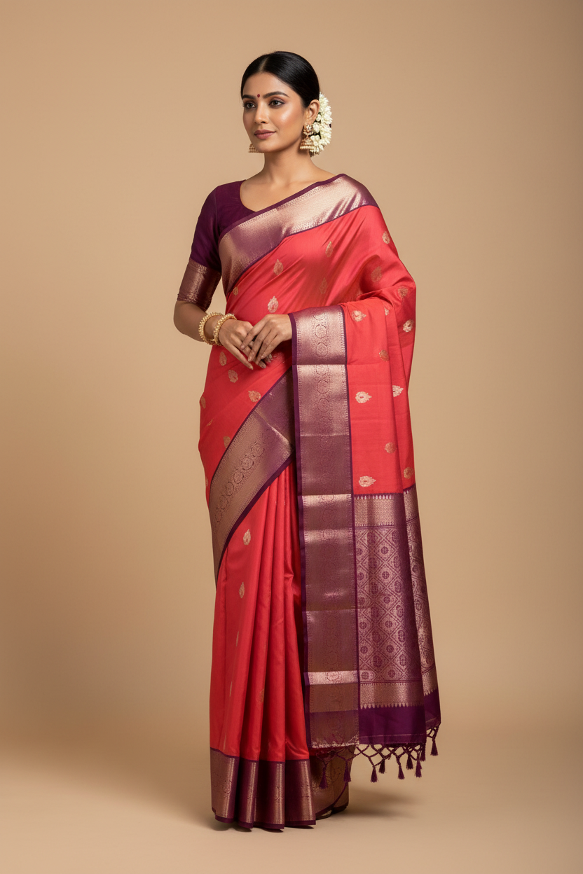 Pure Kanchipuram Silk Saree Peachish Pink Colour with Dark Magenta Border