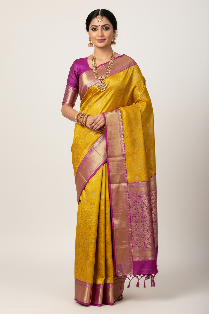 Fancy Tissue Saree Yellow Colour with Lavender Colour Border