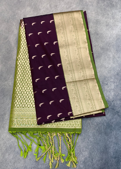 Art Silk Saree Dark Magenta Colour with Olive Green Colour Border