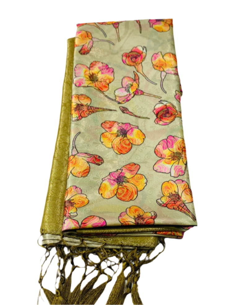 Digital Print Silk Saree Light Olive Green Colour