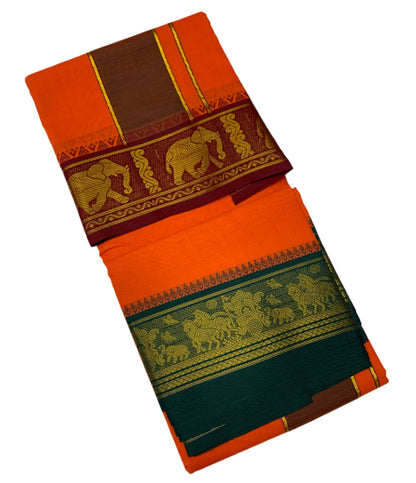 9X5 Cotton Dhoti Orange Colour with Maroon and Green Border