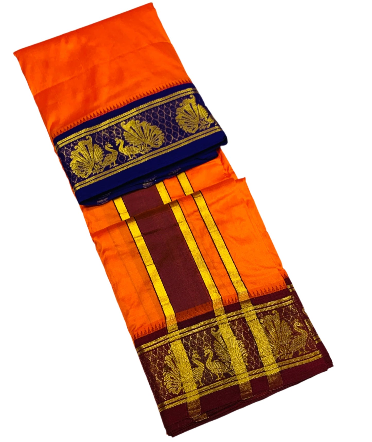 9X5 Pure Silk Dhoti Orange Colour Blue Border