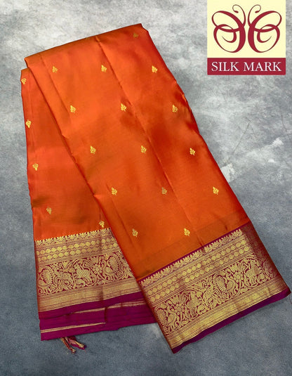 Pure Kanchipuram Silk Saree Honey Colour with Contrasting Magenta Border and Gold Detailing