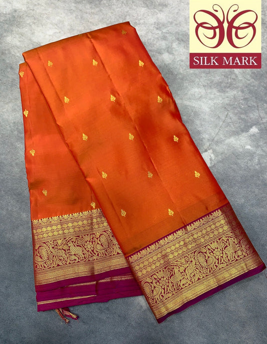 Pure Kanchipuram Silk Saree Honey Colour with Contrasting Magenta Border and Gold Detailing