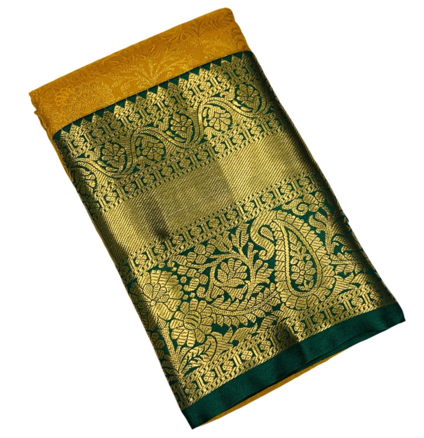 Golden Yellow Colour Semi Silk Saree with Big Green Border