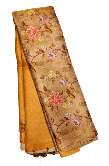 Digital Print Silk Saree Brown Colour with Floral Design