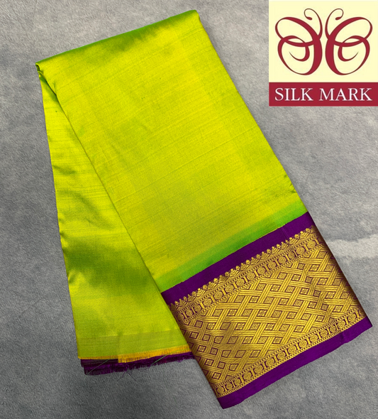 Apple Green Shade Pure Kanchipuram Kids Pattu Pavadai with Contrast Border for Newborn to 2 Years