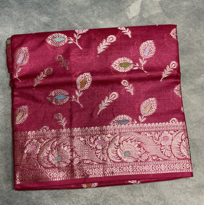 Pure Tussar Silk Saree Wine Pink Colour With Elegant Multicolour Floral Woven Border
