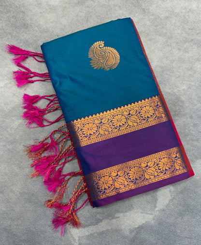 Soft Vegan Silk Saree Peacock Green Colour with Rettai Pettu Border