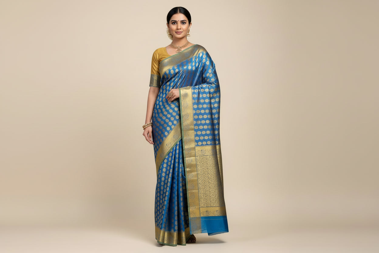 Vegan Silk Saree Sky Blue Colour with Copper Border
