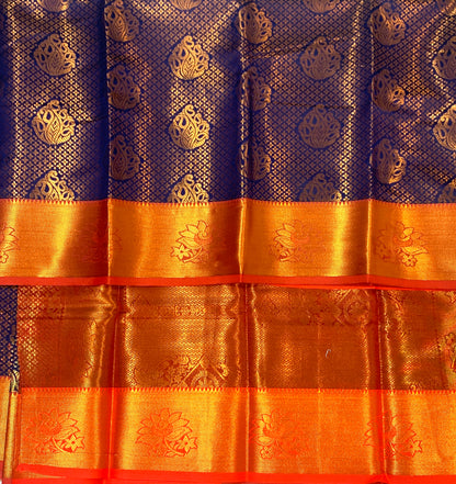 Vegan Silk Saree Navy Blue Colour with Copper Zari Border