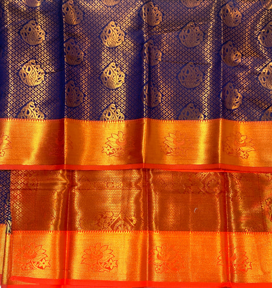 Vegan Silk Saree Navy Blue Colour with Copper Zari Border