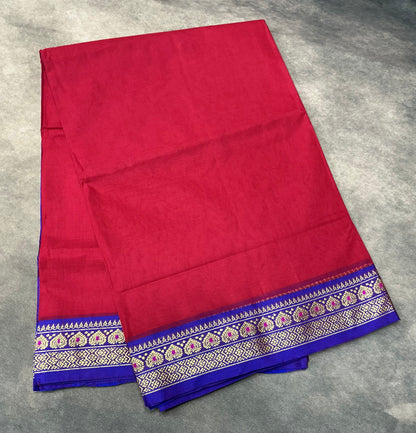 Chettinad Cotton Saree Red Colour with Blue Colour with Thread Work Border