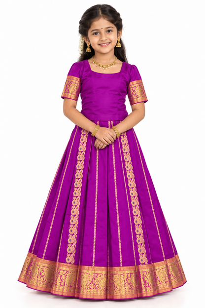 Purple shade Semi Silk Kids Pattu Pavadai with Contrast border for age above 10 years
