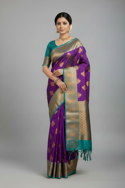 Soft Silk Casual Saree Purple Colour with Rama Green and Golden Colour Border