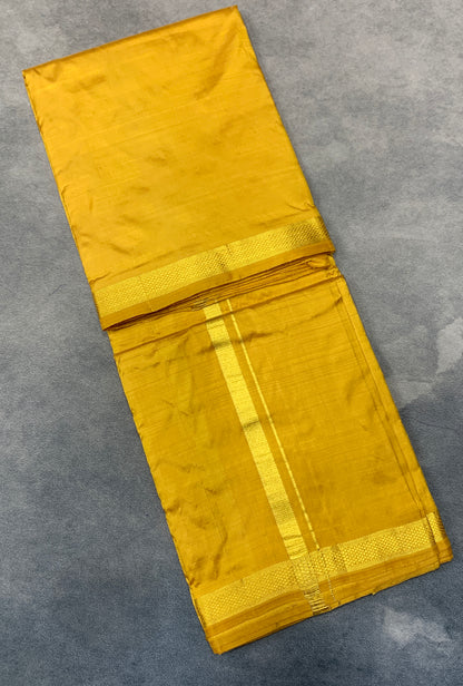 9X5 Pure Silk Dhoti Golden Mustard Colour with Small Golden Zari Border