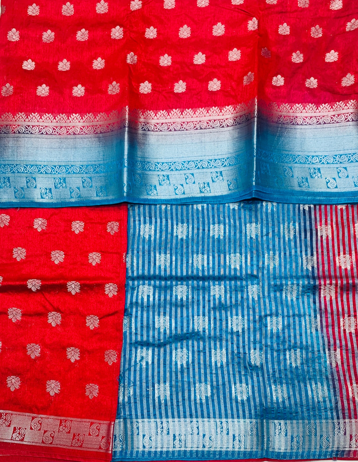 Tussar Saree Colour Tomato Red Colour with Sky Blue Border