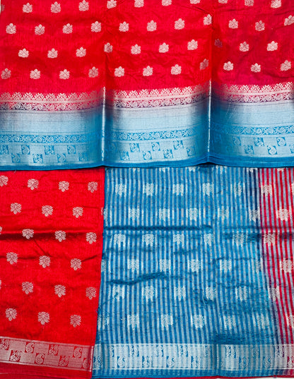 Tussar Saree Colour Tomato Red Colour with Sky Blue Border