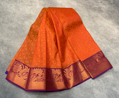 Synthetic Cotton Saree Orange Colour with Copper Floral and Mango Design Border