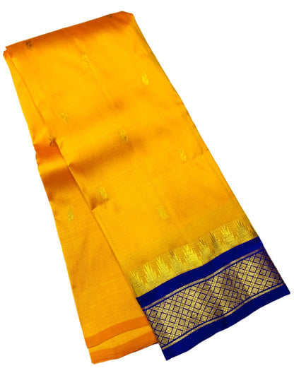 Pure Kanchipuram Silk Yellow Colour with Blue Border