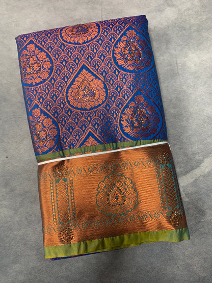 Vegan Silk Saree Blue Colour with Copper and Light Green Border