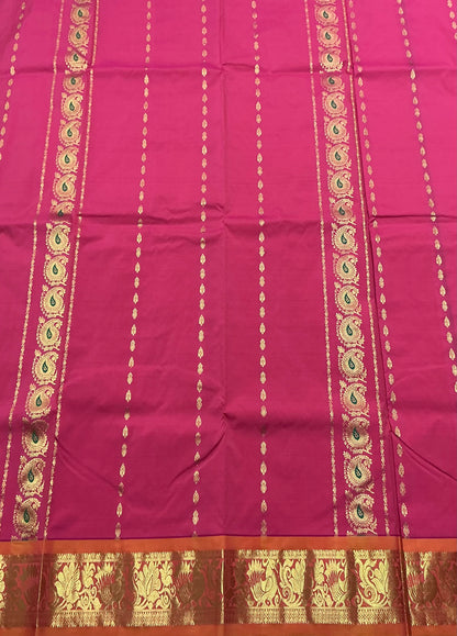 Tomato Pink shade Semi Silk Kids Pattu Pavadai with Contrast border for age above 10 years