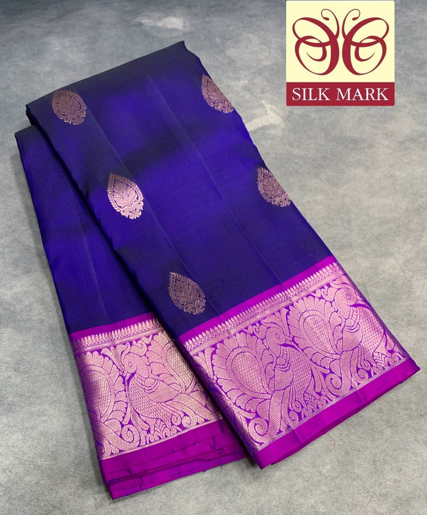Pure Kanchipuram Silk Saree Blue Colour with Magenta Border