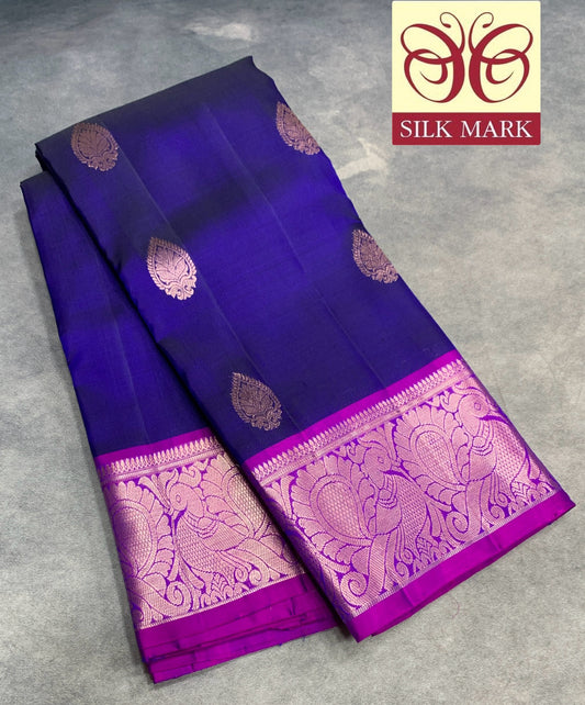 Pure Kanchipuram Silk Saree Blue Colour with Magenta Border