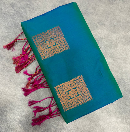 Soft Vegan Silk Saree Peacock Green Colour with Pink and Copper Border