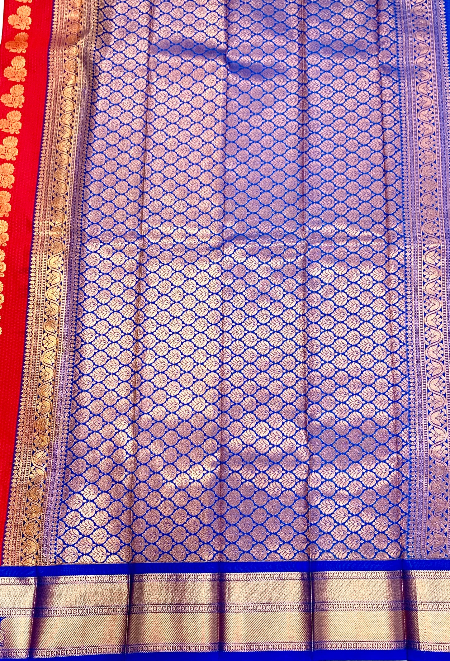 Vegan Silk Saree Red with Blue Border with Mango and Floran Design