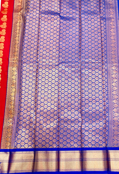 Vegan Silk Saree Red with Blue Border with Mango and Floran Design