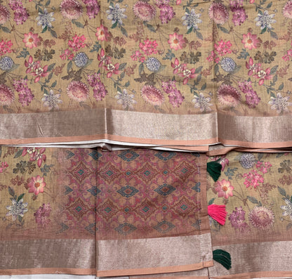 Jute Cotton Saree Brown Colour with Thread Border