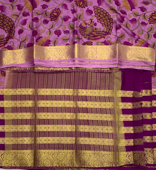 Crepe Saree Lavender Colour with Big Magenta Border