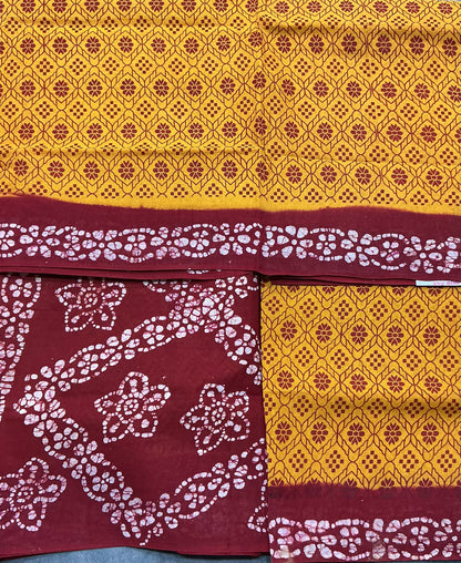 Chettinad Sungudi Cotton Mustard Yellow Colour with Maroon Colour Border