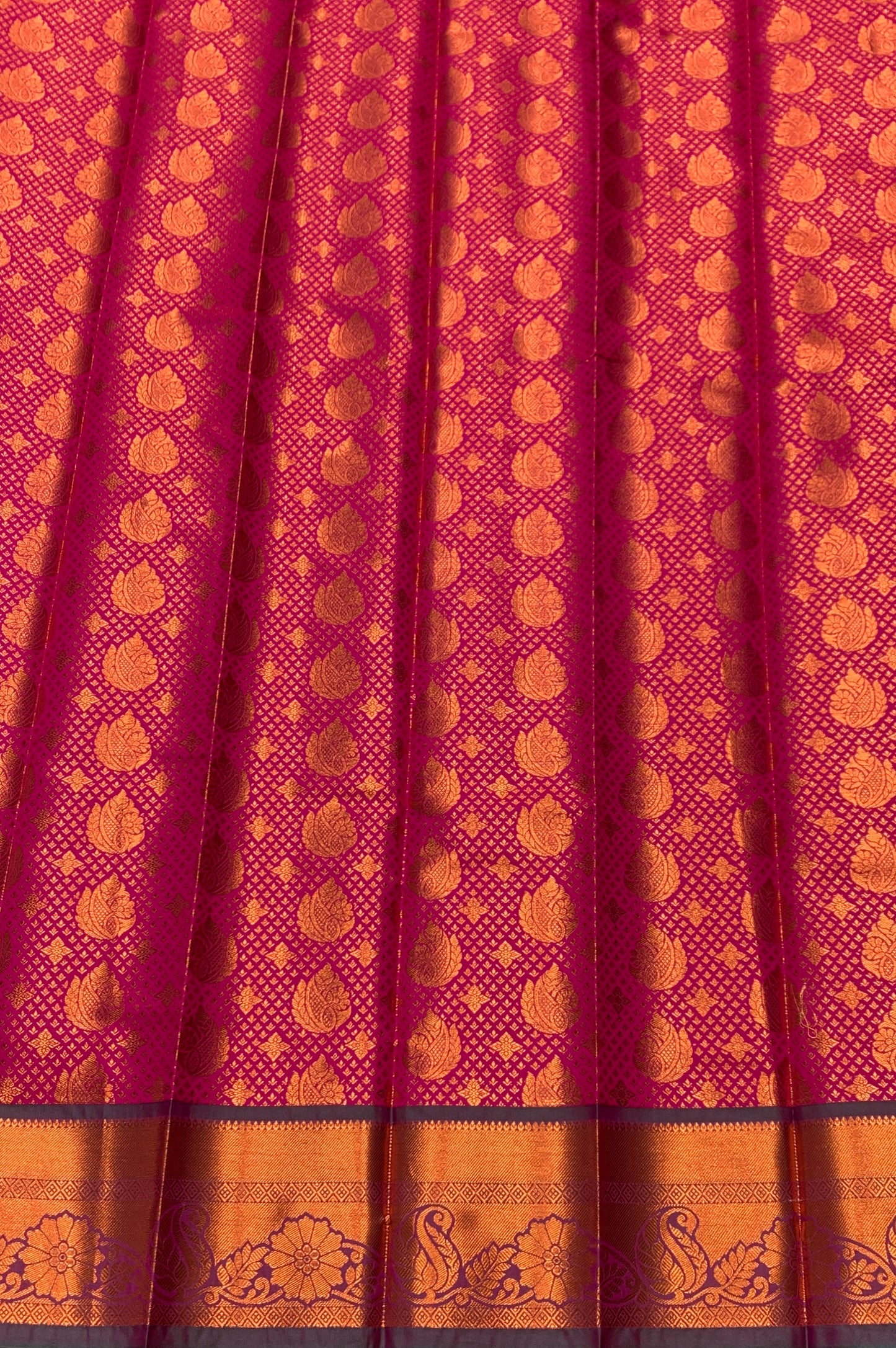 Vegan Silk Saree Pink Colour with Green and Copper Border