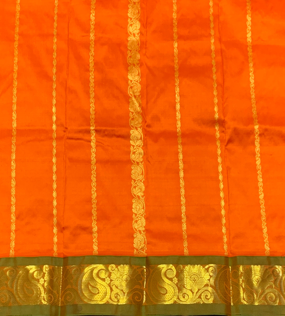 Orange Shade Pure Kanchipuram Kids Pattu Pavadai with Contrast Border for Newborn to 2 Years