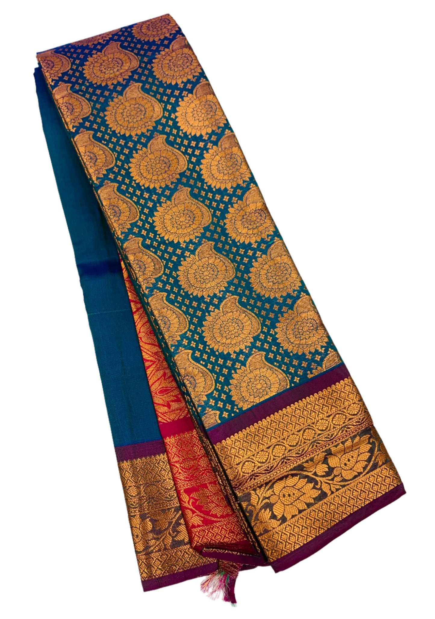 Vegan Silk Saree Peacock Blue Colour with Copper Border